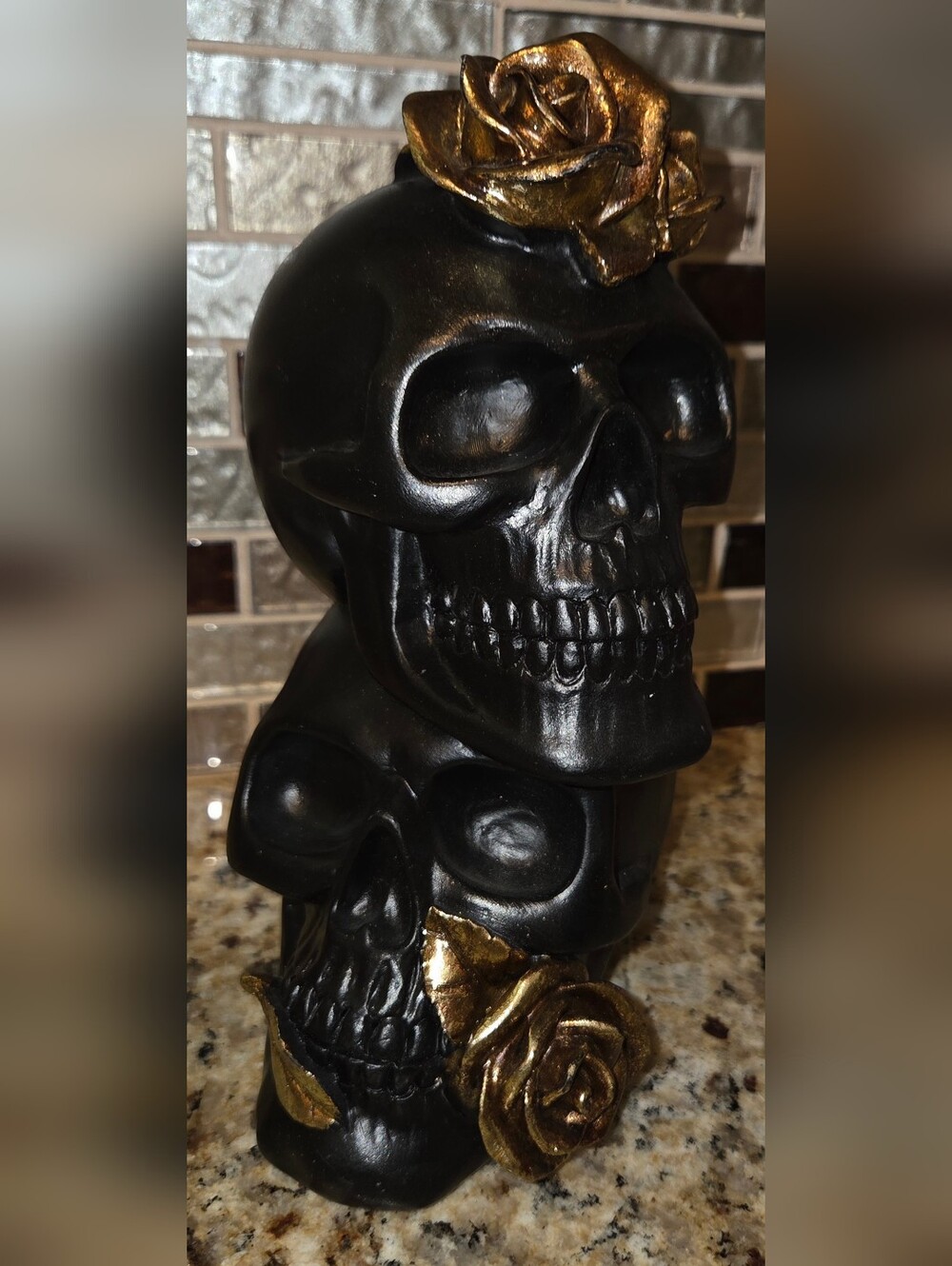 Black Resin Halloween Decorative Stacked Skull Accent with Gold Roses Decoration